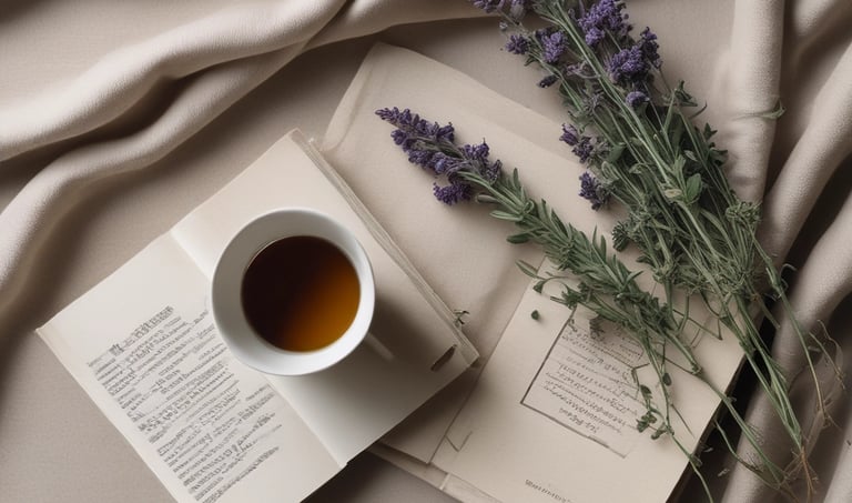 A cup of herbal tea rests on an open book with lavender sprigs on soft beige fabric.