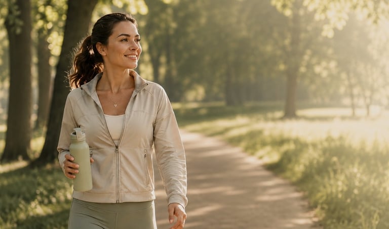 Woman enjoying a peaceful walk outdoors to reduce stress and support memory and brain health.