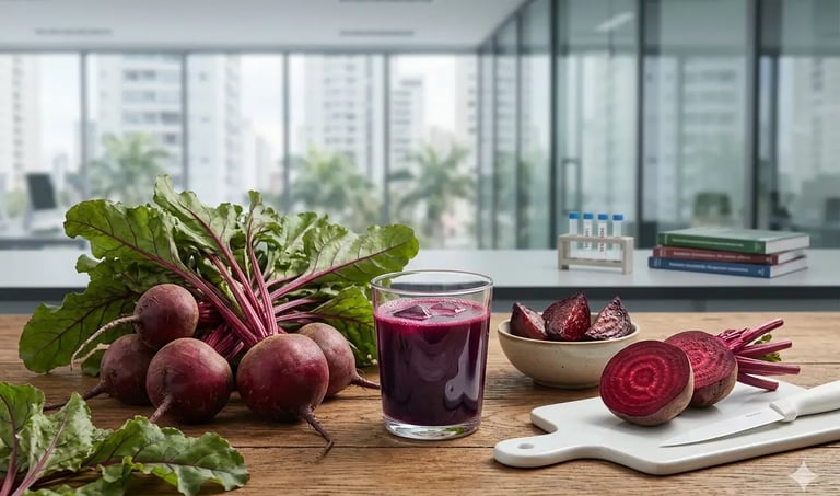 Beterraba orgânica fresca e um copo de suco de beterraba saudável sobre mesa de madeira 