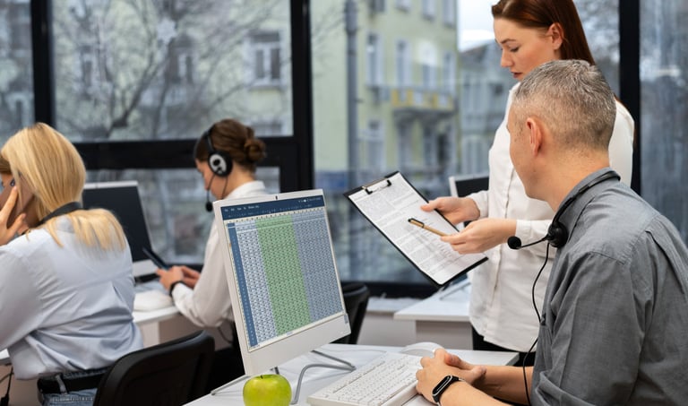 Tim HR mengelola data karyawan melalui HRMS software, dengan seorang staf memberikan laporan cetak kepada rekan kerjanya.