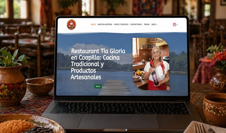 Portátil mostrando la página web del restaurante Tía Gloria, que ofrece comida tradicional mexicana 