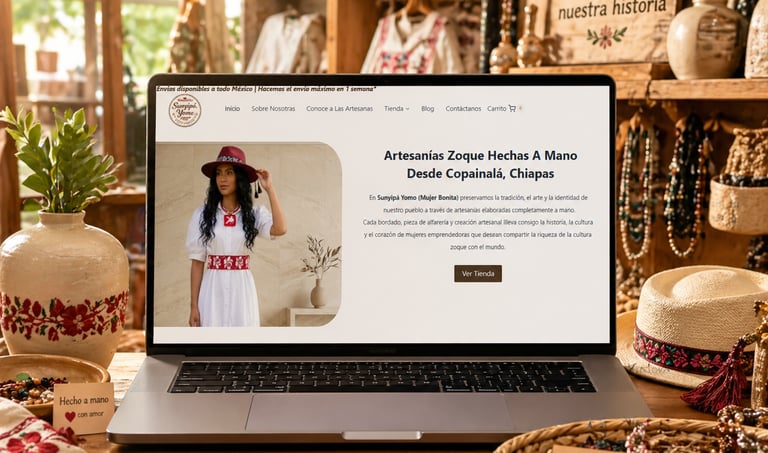 Portátil que muestra una página web de artesanías zoque hechas a mano y ropa artesanal de Copainala