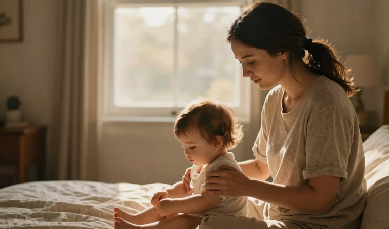 Medium shot of a mother gently tucking in her toddler in a cozy, warm-toned bedroom, soft golden hour light coming through the window, shallow depth of field, 35mm