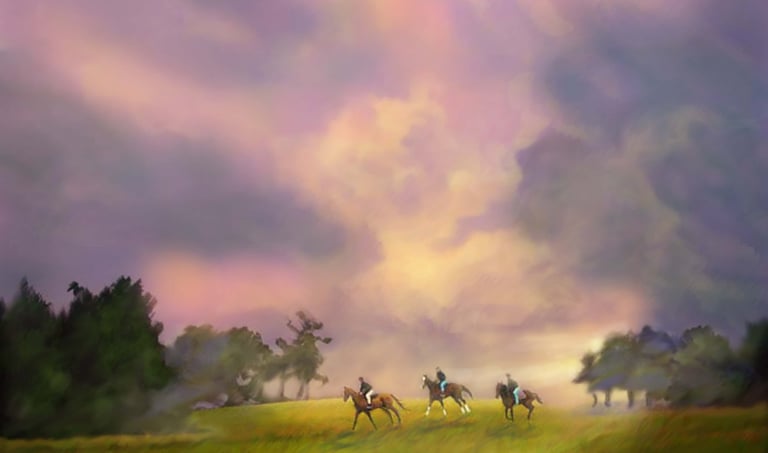 riders in the storm, horses, oil painting