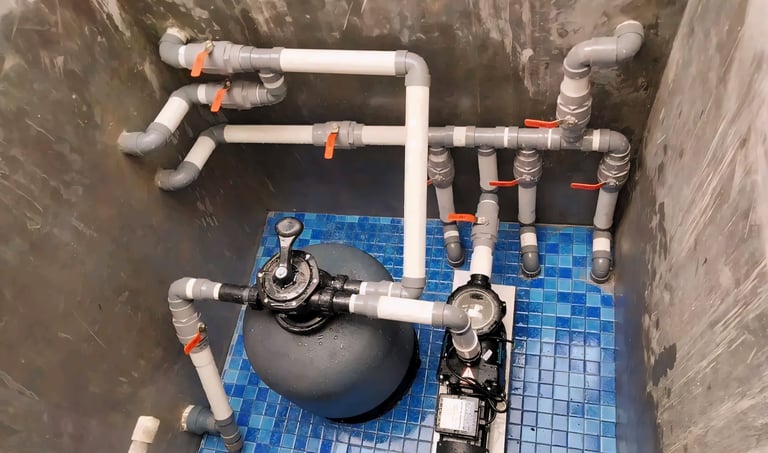 Instalasi sistem pemanas kolam renang air hangat di Bandung oleh teknisi DayanaPool.