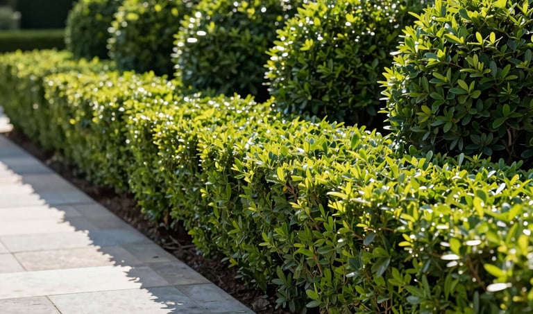 Crisp editorial shot of perfectly manicured boxwood shrubs lining a stone walkway of a luxury home, sharp focus, bright morning sunlight, 35mm