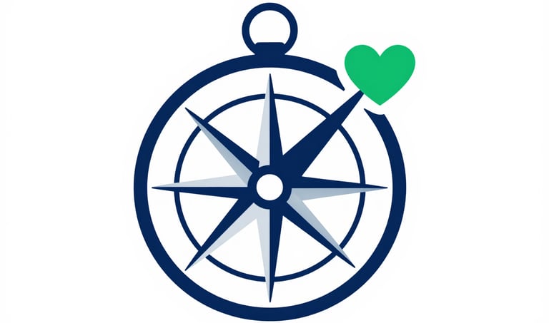 A clean, modern icon of a compass where the needle points to a heart symbol. Minimalist flat design using brand colors #4A8B87 and #0B2038. Represents navigation and independent facilitation in the Self-Determination Program. White background.