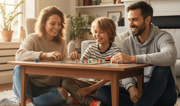A happy family plays a tabletop board game together on a living room rug during a fun game night.
