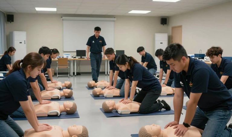Wide shot of a group of trainees practicing CPR on mannequins laid out on a training room floor, clinical overhead lighting, instructor walking between stations, concentrated faces, documentary framing