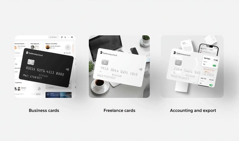 three safemoneycloud payment cards business freelance accounting fintech 3d dashboard workspace financial control system