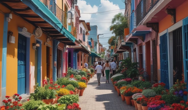 A vibrant street market in Santo Domingo with colorful stalls and lively crowds.