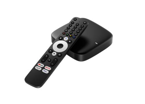 Black smart TV box and remote control with dedicated streaming app buttons.