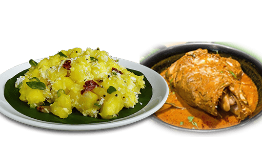 a plate of tapioca and a potted fish head in a pot