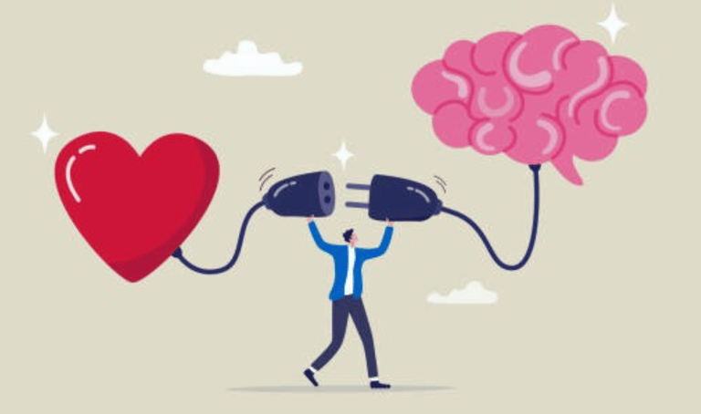 Man connecting heart and brain, symbolizing balance between emotion and intellect.