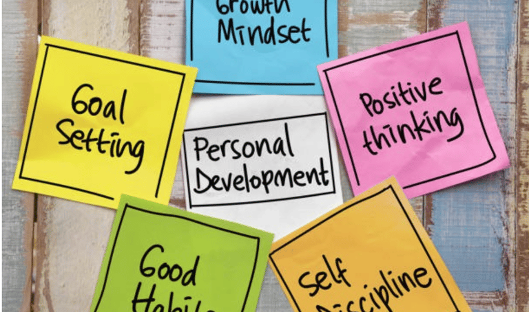 Post-it notes with personal development & leadership concepts incl. goal setting, growth mindset...