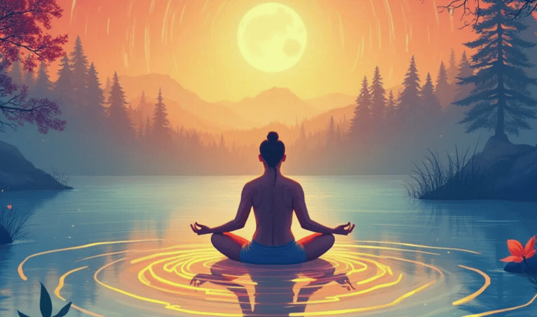 Person meditating by a lake at sunrise, representing mindfulness and serenity.