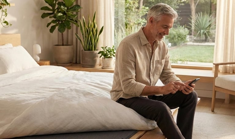 Man using a smartphone sitting on a bed.