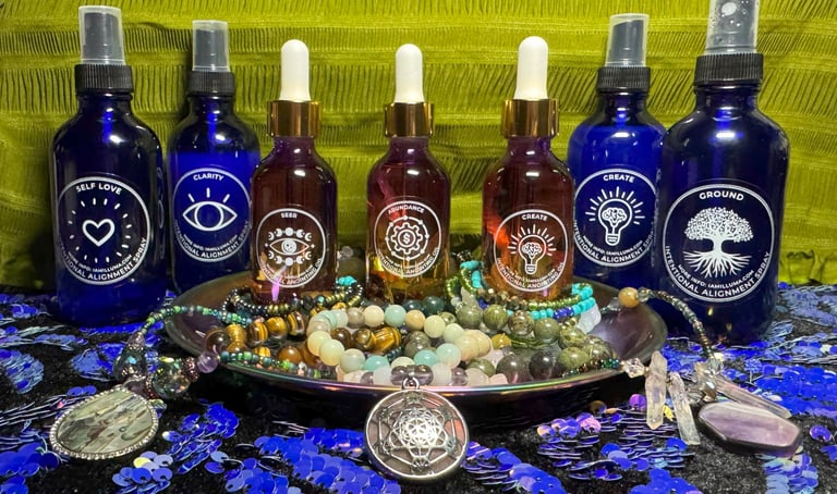 A decorative plate holding crystal jewelry with essential oil sprays & anointing oils in the middle