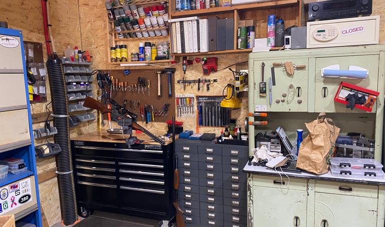 A gunsmith shop working on firearms.