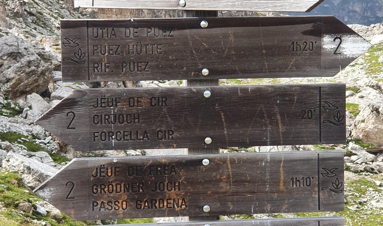 Wooden hiking trail signs in the Dolomites pointing towards Sas Ciampac and Passo Gardena.