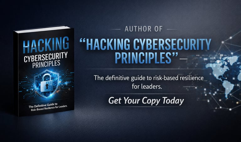Hacking Cybersecurity Principles book cover and promotional banner for risk-based resilience for leaders.