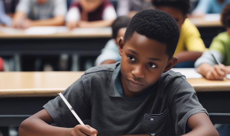 A black boy in a classroom taking his notes by hand