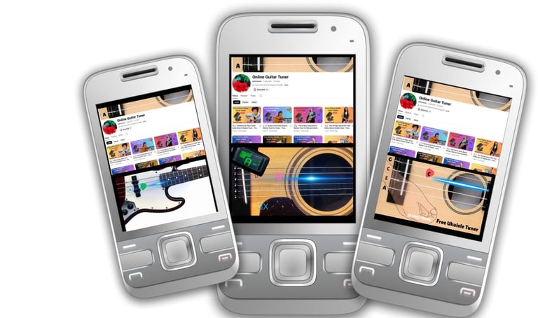 Three mobile phones displaying an online guitar tuner app and video lessons for musicians.