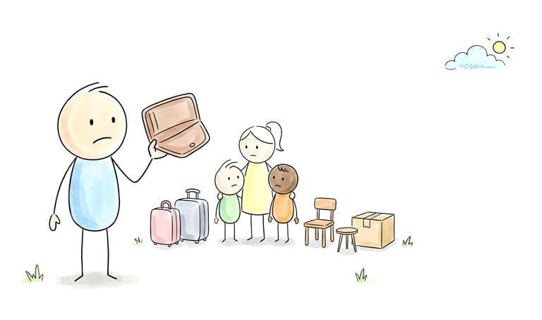 Illustration: Familie mit ihren Habseligkeiten - der Vater zeigt seinen leeren Geldbeutel