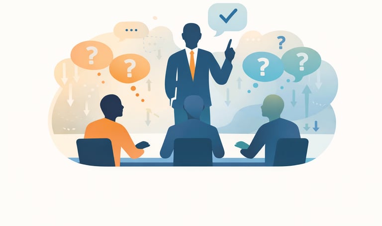 leader speaking while team members sit silently, with fading question marks symbolizing lost challenge and voice.