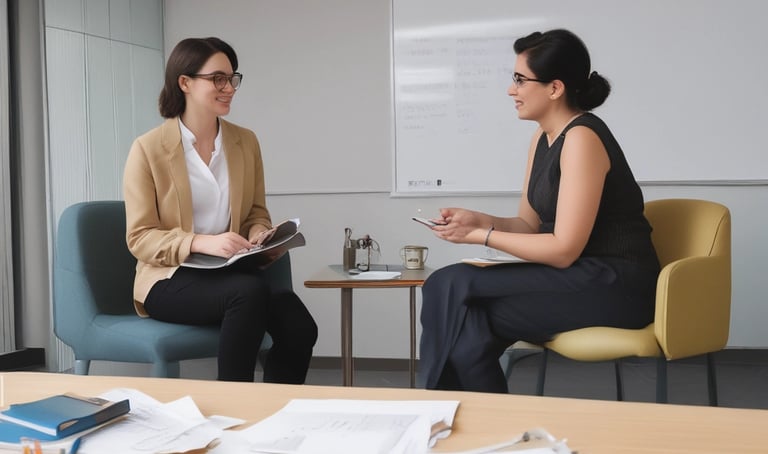 A group of people is engaged in a training session in a conference room setting. A presenter is standing and holding a sheet of paper, addressing the group seated at a round table. The attendees are actively listening, and there's a banner in the background advertising UX training. The room is well-lit, with a flipchart visible at one side.