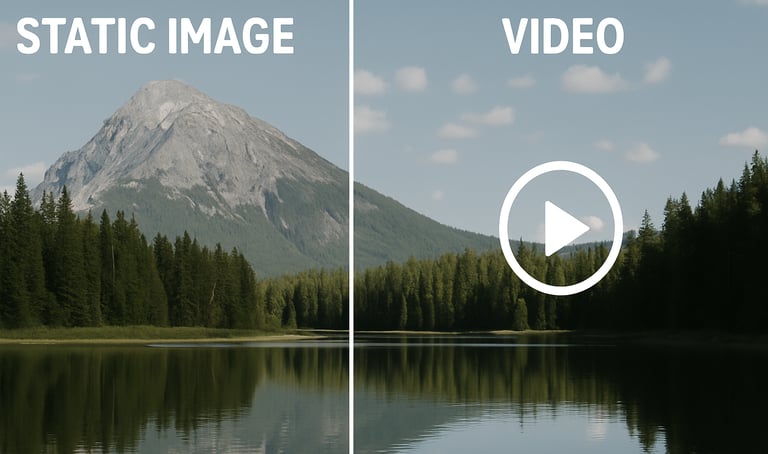 A graphic or split screen showing a static image turning into a short video clip