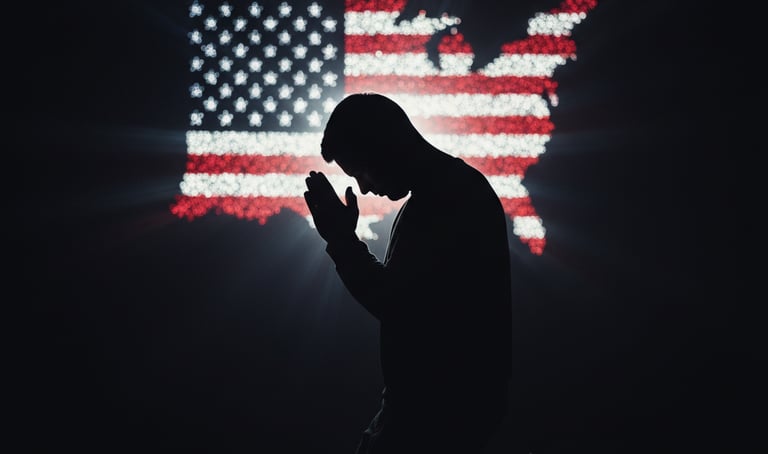 man praying in front of the US flag!