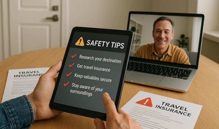 Traveler reviewing a safety checklist on a tablet with a locked door, insurance documents, and a video call with a host in th