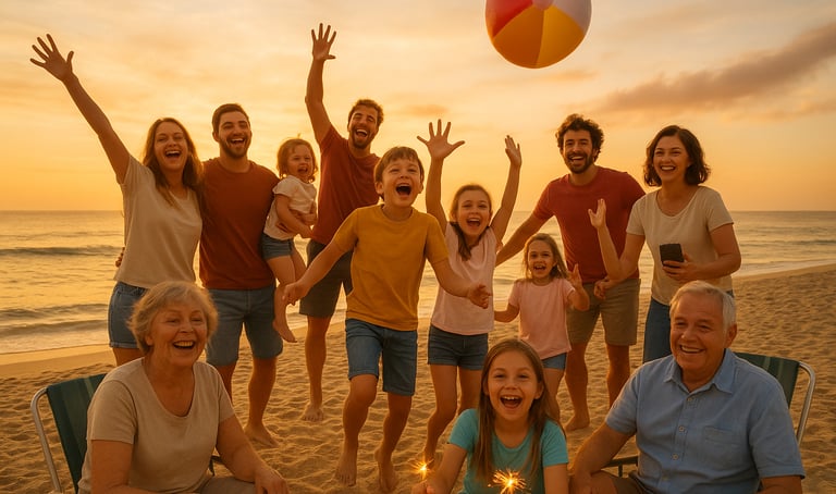 A large multi-generational family celebrating together on the beach at sunset, with kids holding sparklers, adults tossing a