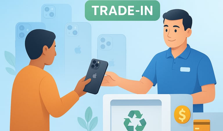 a man is giving a person a phone to trade in and recycle