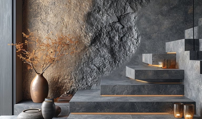 a staircase leading up to a stone wall
