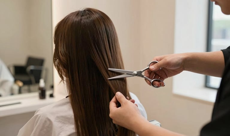 A high-end, modern hair salon interior with soft light beige walls and off-white furnishings. A North American / International stylist is focused on cutting long, healthy hair with silver professional scissors, soft natural window lighting, premium and serene atmosphere.