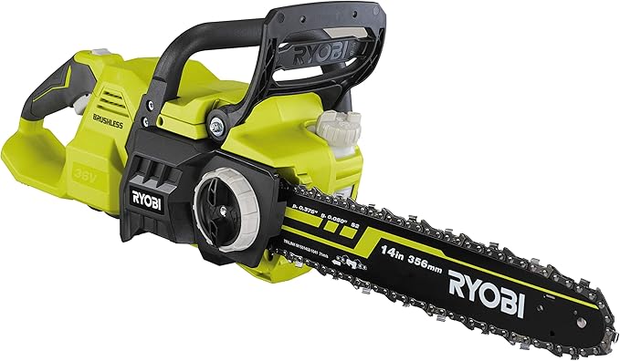 Ryobi 36V brushless cordless chainsaw with a 14-inch bar and chain on a white background.