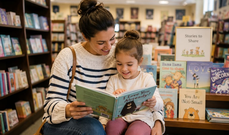 Family attending free story time at a bookstore during summer.