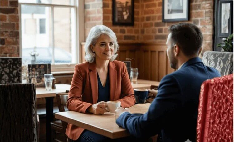 A woman and man having a relaxed conversation over coffee in a cafe