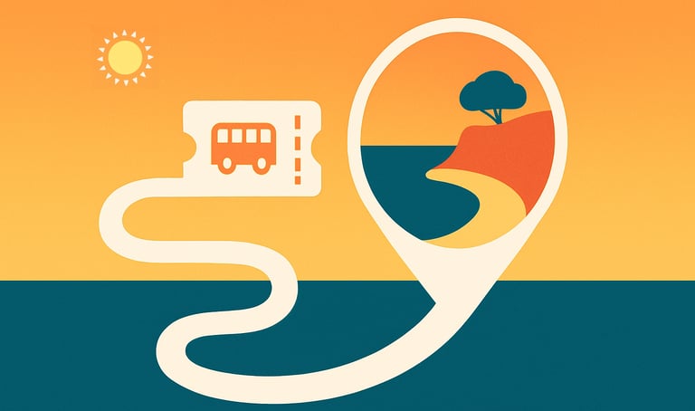 Poster minimalista di Mallorca Unlocked con strada bianca che diventa biglietto bus, diretta verso una caletta stilizzata