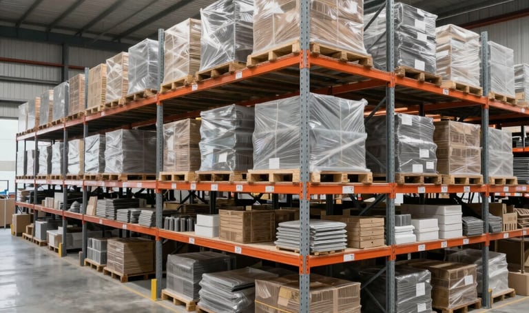 A vast, highly organized industrial warehouse in Australia with high-end shelving systems. The scene features clean concrete floors and charcoal and light grey architecture. The atmosphere is structured, disciplined, and professionally managed.