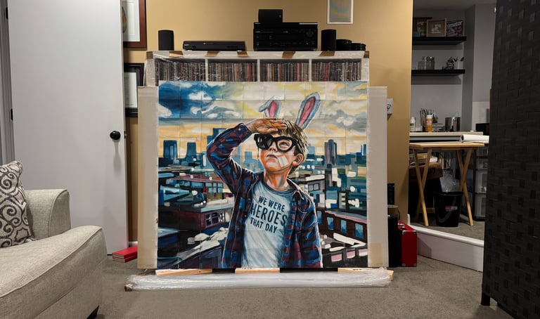a painting of a child with a bunny ears and glasses