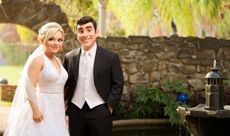 3D cartoon bride and groom standing in front of a fountain