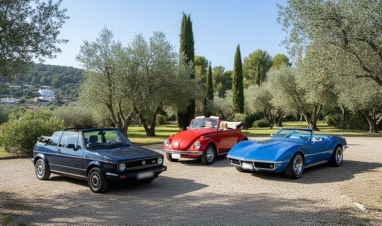	Chevrolet Corvette C3, Volkswagen Beetle y Golf MK1, coches clásicos descapotables perfectos para bodas.