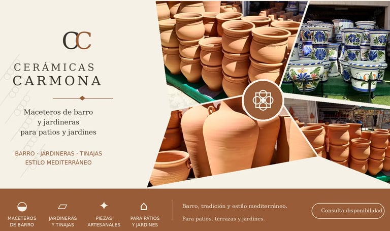Assortment of handmade Mediterranean-style clay pots, planters, and tinajas from Cerámicas Carmona, perfect for patios and