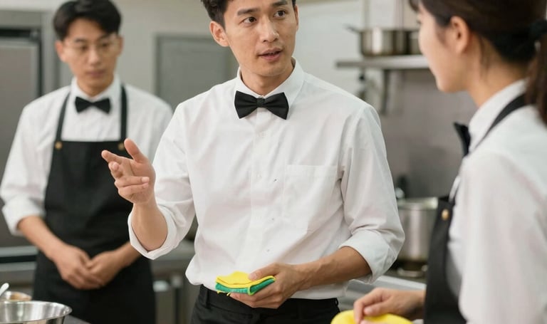 Professional waiter in a blue apron serving appetizers to diners at a modern restaurant table.