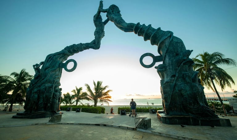 Playa del Carmen, Mexico - Huge arch statue at the entrance to the beach