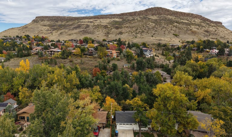 View of North Table Mountain from Ford St Neighborhood in Golden, Colorado.