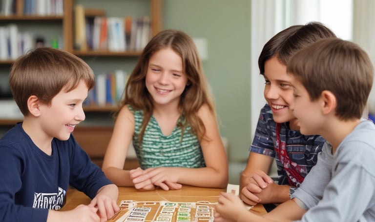 A young child wearing a patterned onesie is interacting with colorful alphabet blocks on a table. An adult sitting beside the child is supporting them, dressed in a navy blue shirt with an embroidered logo. The scene conveys a sense of learning or playtime in a bright, softly-lit room.
